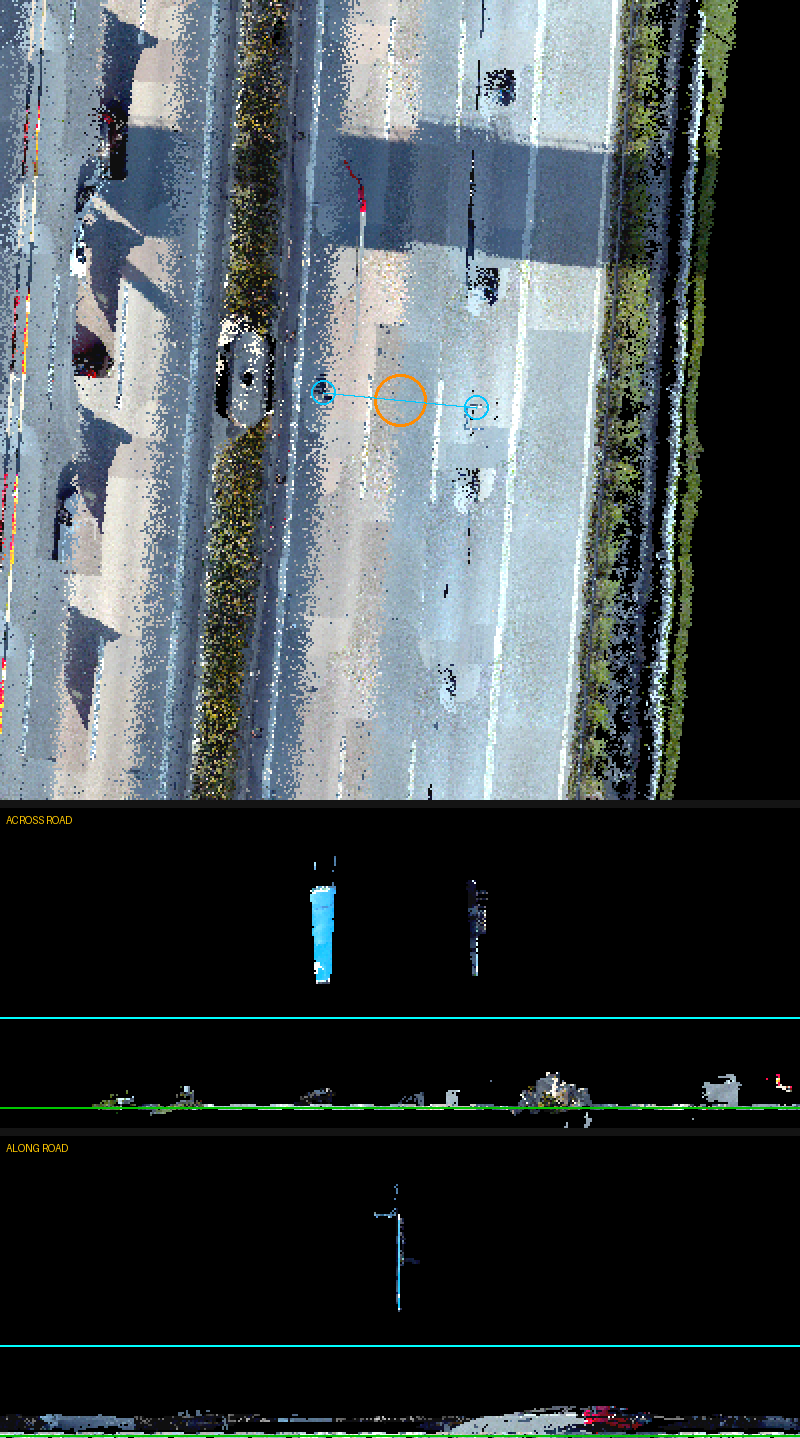 Overhead motorway sign gantry reconstructed from LiDAR points in camera colour